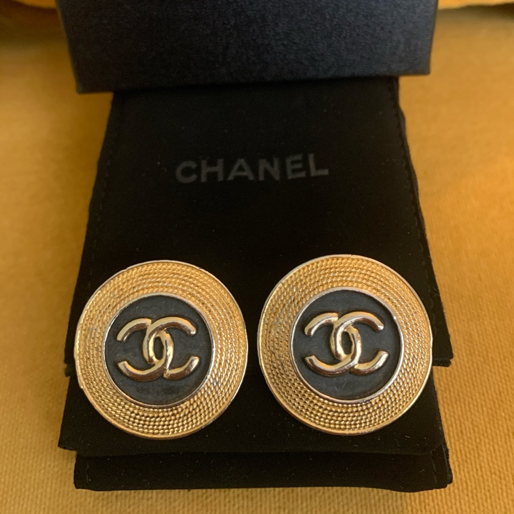Vintage Chanel Black & Gold CC Post Earrings